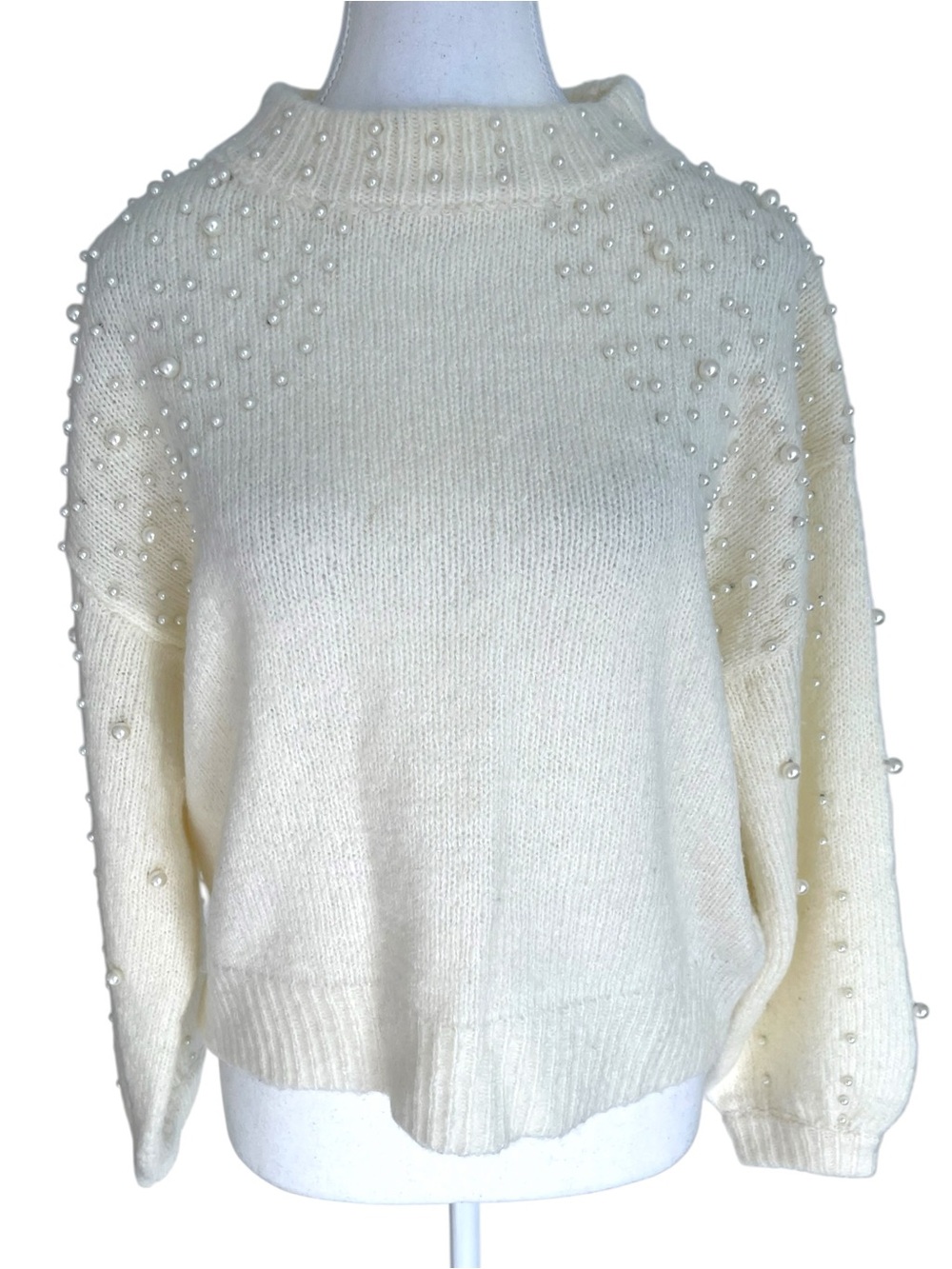 Cliche Off-White Pearl-Embellished Mockneck Sweater Size XS